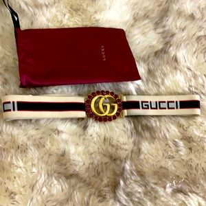 AUTHENTIC GUCCI WAIST BELT RED BEIGE MARMONT JEWELS SMALL MEDIUM LOGO GG GOLD